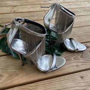 B Brian Atwood Condessa Fringe Silver Heels Size 6